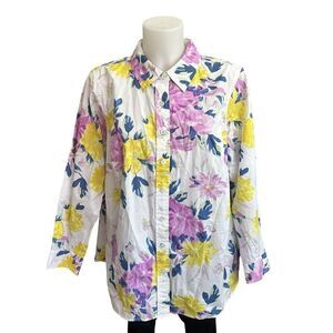 TALBOTS Womens Floral print 100% cotton button‎ up Collared shirt 1x Petite